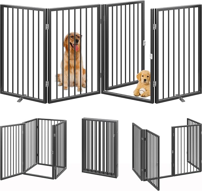 Vantas 80" x 32" Foldable Freestanding Extra Wide Dog Gate with Door,Black | Freestanding Dog Gate for Stairs and Doorways, Renter Friendly No Drill, Extra Wide, Easy Storage, With Support Feet