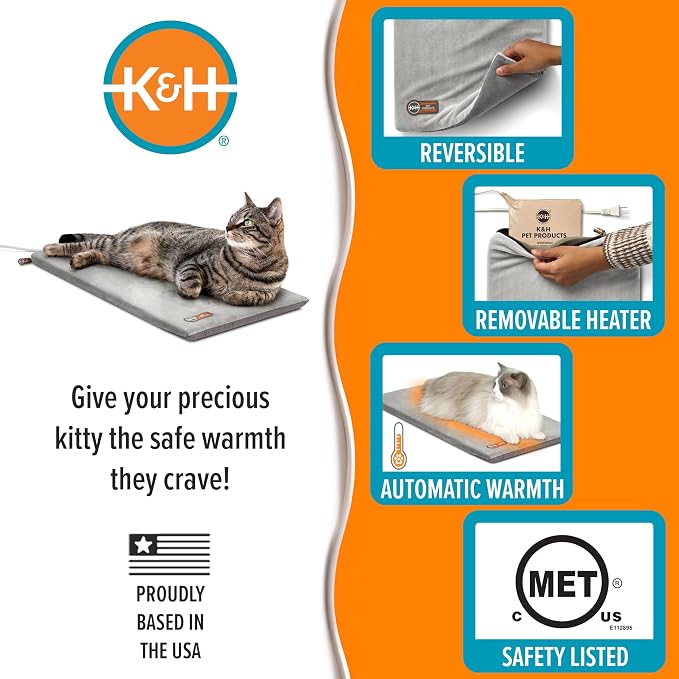 K&H Heated Cat Bed, Thermo-Kitty Mat Indoor, Safety Listed, 6W, Gray | Removable Waterproof Cat Heating Pad, Reversible Calming Warm Foam Pet Pad, Machine Washable, Smart Thermostat, 25x12.5in