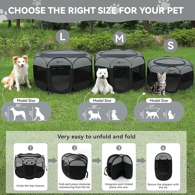 Siedihit Playpen for Middle Dog Cat, Dogs Tent Crate Cage Indoor | Outdoor, Portable Pop Up Dog Kennel with Carrying Bag for Rabbits (Dark Grey with Pad, Medium)
