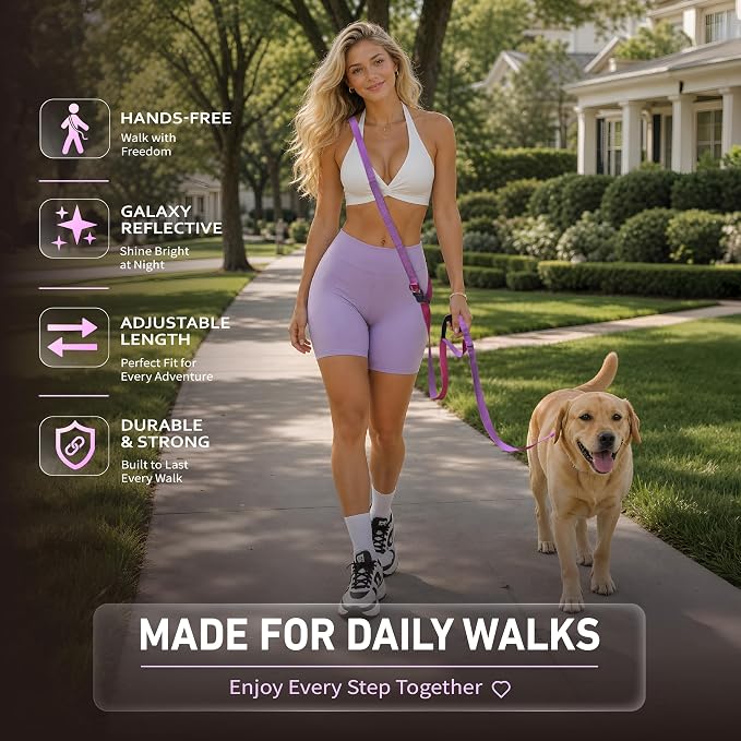Hands Free Dog Leash,Galaxy Reflective, Crossbody Dog Leash,Purple | Galaxy Reflective • Crossbody Carry • Soft Velvet Handles • Everyday Comfort