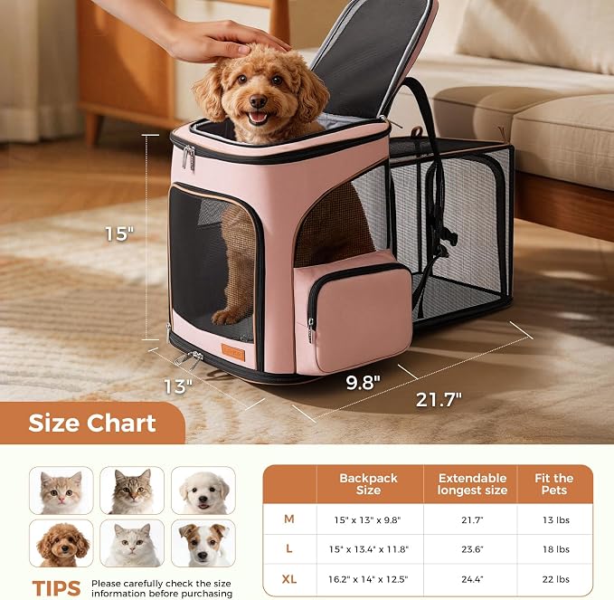 Lekereise Large Cat Backpack Carrier Expandable Pet Carrier Backpack for Small Dogs Medium Cats Fit Up to 18 Lbs, Foldable Puppy Backpack Carrier for Travel, Hiking, Pink