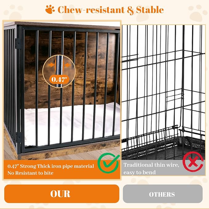 TBWIND 36" Dog Crate Furniture for Medium Dogs, Rustic Brown | Wooden Dog Kennel End Table with Cushion, 270° Rotating Door, 360° Feeding Station, Dual Rotating Latch Locks & Bowls