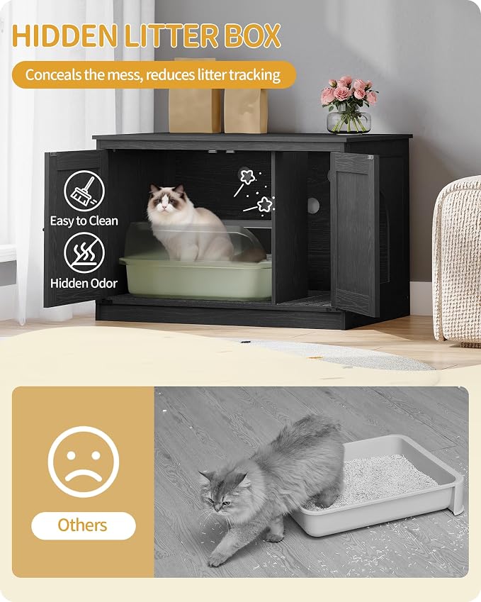 Hzuaneri Cat Litter Box Enclosure, Hidden Litter Box Furniture with Divider | Wooden Cat Cabinet with Removable Dividers, Reversible Entrance Left or Right Side, Cat Washroom, Black CB84604X