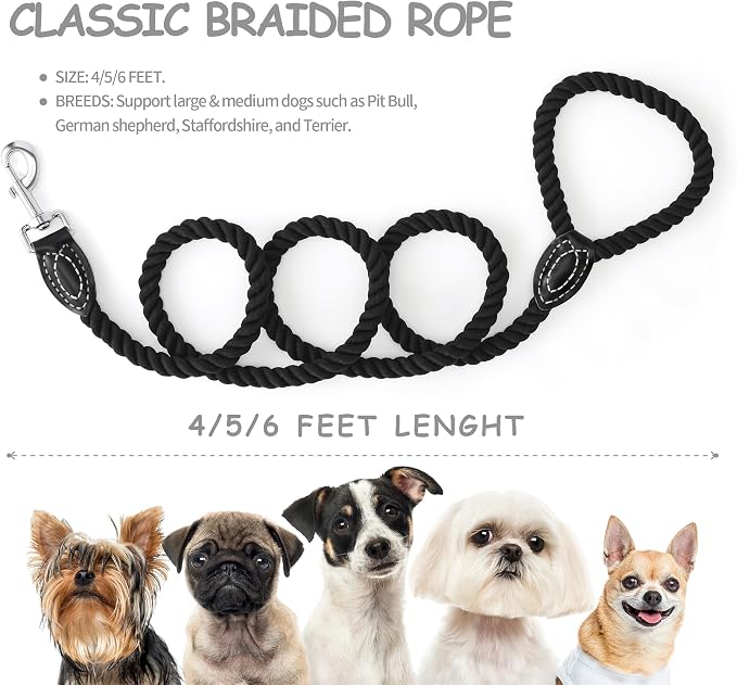 Mile High Life Dog Leash Braided Cotton Rope with Leather-Reinforced Ends | Rust-proof 360° swivel clasp, Heavy-duty for medium/large breeds. Great for weddings, daily walks (4 FT, 1/2", Black)
