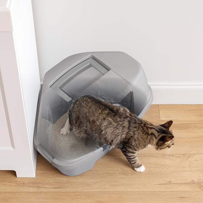 IRIS USA Large Corner Cat Litter Box, Space Saver, Gray | Discreet Locations, Compact Triangle Shape, 90-Degree Design, Triangular Footprint, Odor Defensive, Hidden Placement