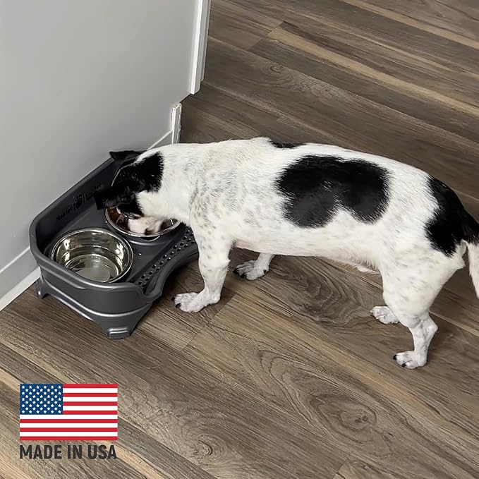 Neater Feeder Express Mess Proof Dog Bowls Elevated for Small Breeds Under 15 Lb, Made in USA, No Spill Raised Dog Food Bowl Stand, Stainless Steel Food and Water Bowl Set, Feeding Station, Grey