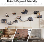 13-in-1 Cat Wall Shelves, Moon & Bridge Cat Wall Furniture, Grey | Wall Mounted Cats Shelf Set with Plush Fabric, Cat Climbing Systems for 16 Inch Drywall, Condo, Scratching Post, Space-Saving