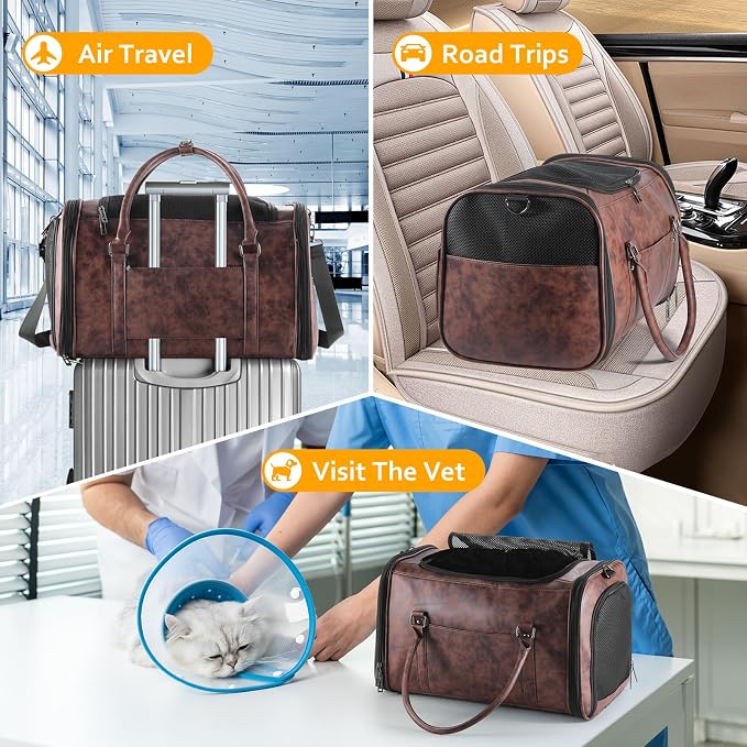Stylish Leather Pet Carrier for Small Dogs and Cats Up to 15 lbs, Airline Approved Lightweight Travel Tote with Breathable Mesh and Shoulder Strap Coffee