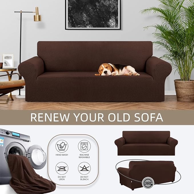 Stretch Couch Covers for Sofa, 3 Cushion Couch Slipcover,Chocolate | 1-Piece Washable Sofa Cover Pet Friendly(78"-94") Furniture Protector Soft Jacquard, Elastic Bottom for Dogs & Kids