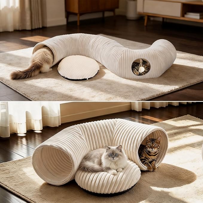 Cat Tunnel Bed with 30 Pcs Interactive Cat Toys, Cat Tube with Kitten Toys for Indoor Kittens, Collapsible Play Tunnel, White