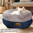 ClevaHome Calming Soft Plush Donut Cat Bed, Fluffy Round Cat Bed for Indoor Cats, Washable Kitten Bed with Plush Faux Fur, Anti-Slip Bottom, Denim Grey