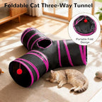 Tempcore Cat Tunnel for Indoor Cats, 3 Way Collapsible Pet Play Tunnel with Teaser Wand, Peek Holes & Hanging Ball, Interactive Tube for Kittens & Rabbits, Black & Rose Red