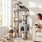 Heybly 64.2" Heavy-Duty Cat Tree for Large Cats with Wide Base HCT027W | Indoor Cat Tower with Scratching Posts & Board, Cat Furniture with Big Platforms, Extra-Large Hammock, Light Gray