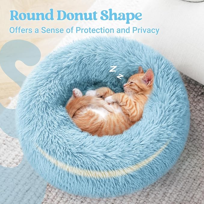rabbitgoo Calming Cat Beds for Indoor Cats, 20 inches, Light Blue | Soft Warm Donut, Fluffy Faux Fur, Supportive Raised Rim, Anti-slip, Machine Washable, Up to 15lbs Kittens & Small Cats