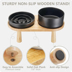 Ceramic Slow Feeder and Water Bowl Set for Medium and Large Dogs, 8.0 Inches Ceramic Dog Bowls Elevated with Wooden Stand, 2.0 Cups Dog Slow Feeder(30oz) and 70oz Water Bowl Set, Black