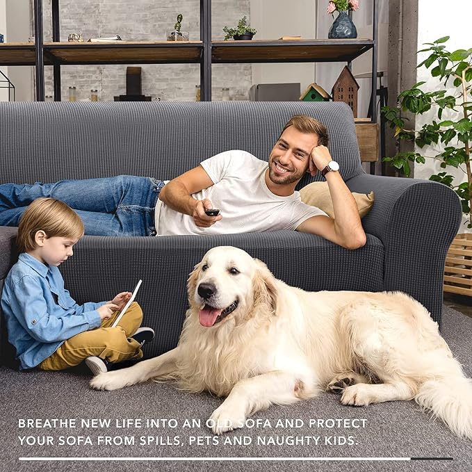 ZNSAYOTX Super Stretch Couch Cover (72"-92") Universal Sofa Covers with Elastic Bottom, Dog Cat Pets Friendly Washable Furniture Protector Fitted Sofa Slipcovers Stay in Place (Dark Grey, Sofa)