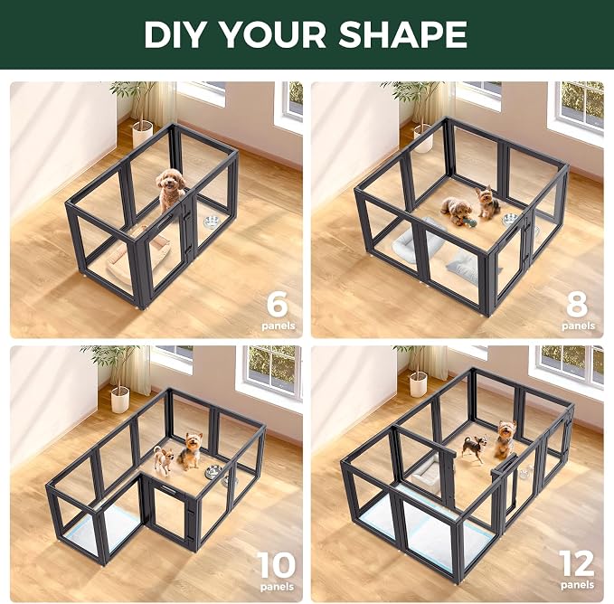 FXW AuraSpace Clear Acrylic Indoor Dog Playpen, 24" H, 8 Panels, Black | Open View, Modern Home Fit, No Climbing Bars, Tool-Free Setup, For Puppies & Small Dogs