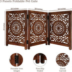 Lightnpro 3‑Panel Wooden Pet Gate – Decorative Carved Foldable Dog Gate, Extra‑Wide Freestanding Indoor Safety Fence for Small Dogs – 24x54 Inch Natural Burnt Finish