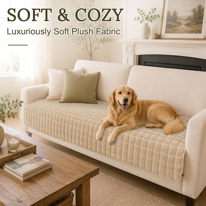 Smiry Velvet Couch Cover for Dogs, Non Slip Soft Sofa Protector for Pets | Washable Sofa Cover for Cats, Cozy Furniture Protector Against Pet Hair, Scratches, Fits Sectional Sofa(Khaki, 36"x47")