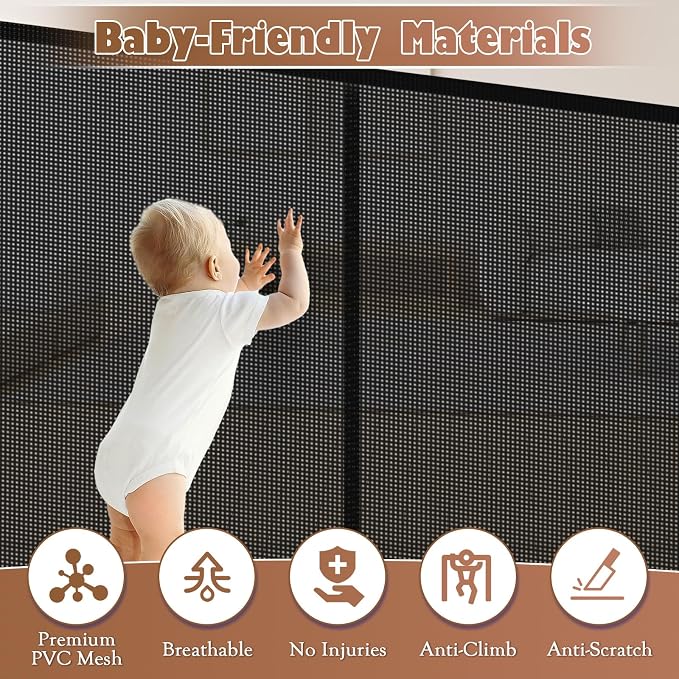 120" Retractable Baby Gate Extra Wide, 41" Tall Retractable Dog Gate for Stairs, Doorways, Decks, Mesh Gate Long Child Gate Pet Gate for Indoor, Outdoor, with Reinforced Mesh Rods, Dual Locks