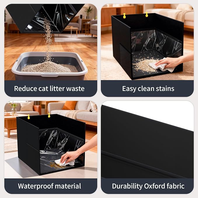 Aokeyee Black Waterproof Cat Litter Box Enclosure Splash Guard | 27.16x21.65x16.53, Removable PVC Mat with 2 Hooks, Foldable Anti-Leakage Dust Control