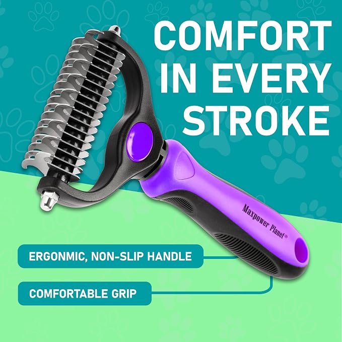 Maxpower Planet Pet Grooming Brush - Double Sided, Extra Wide for Dogs and Cats - Dematting Undercoat Rake, Reduces Shedding by 95%, Purple | Purple, For Dogs & Cats, Anti-Slip Handle, Removes Mats & Tangles, Reduces Shedding, Gift for Pet Lovers