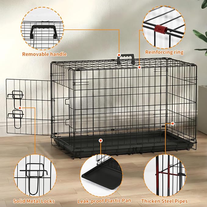 FDW Dog Crate 42-Inch Dog Cage Single Door Foldable Metal Kennel with Leakproof Tray Foldable Design Indoor Outdoor Use for Large Dogs,Dark Black