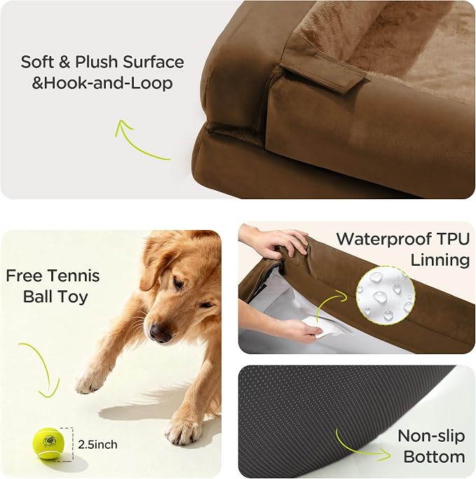 Waterproof Orthopedic Dog Bed for Extra Large Sized Dogs | Memory Foam Pet Bed Sofa with Bolster, Dog Couch with Washable Cover & Non-Slip Bottom, 42x30 Inch, Dark Brown