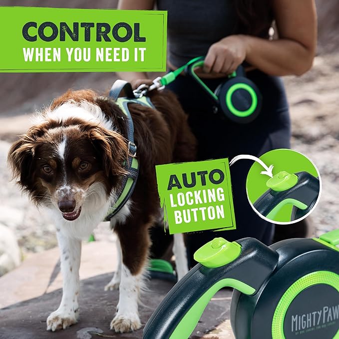Mighty Paw Retractable Dog Leash 2.0, 16 Ft, for Medium Dogs, Heavy Duty | Reflective Nylon Tape, Tangle-Free Swivel Clip, One-Touch Quick-Lock Brake, Reflective Ring, Anti-Slip Handle