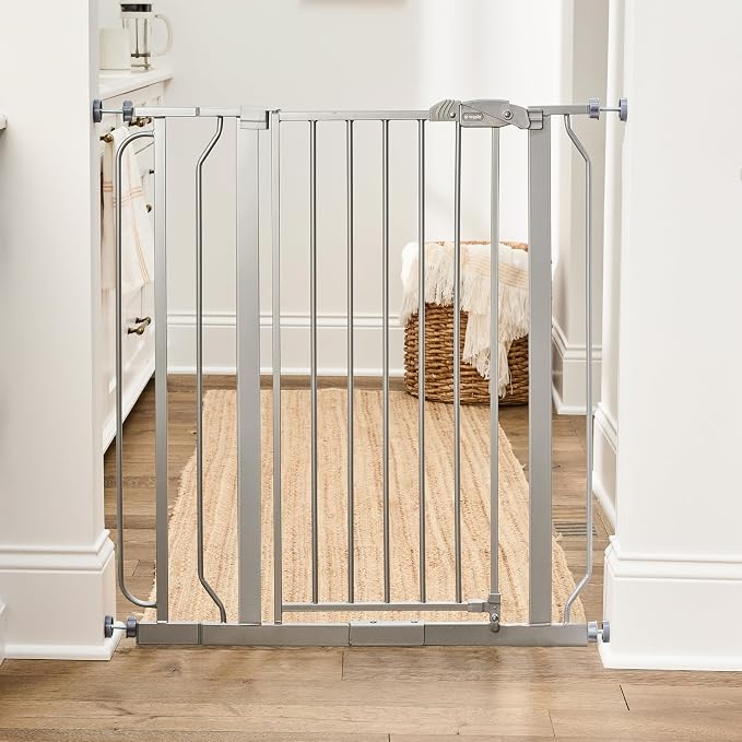 Regalo Safety 36" Extra Tall Baby Gate, Bottom of Stairs & Doorways | Fits Openings 29"-36.5" Wide, Pressure Mounted with Door, For Babies, Toddlers & Pets, Platinum