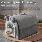 Jiupety Cute Small Dog Cave Bed with Door Curtain Design, Dog House with Reversible Washable Cushion, L Size Portable Puppy House for 14-22lb Cats and 12-17 lb Dogs, Non-Slip Bottom, Grey