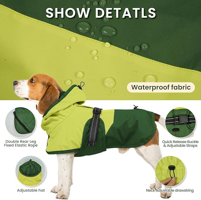 BRKURLEG Dog Raincoat, Waterproof Rain Jacket with Hood, Green, L | Adjustable Windproof Rainproof Jacket with Leash Hole, Reflective Breathable Rain Coat Poncho, for Small to Large Dogs