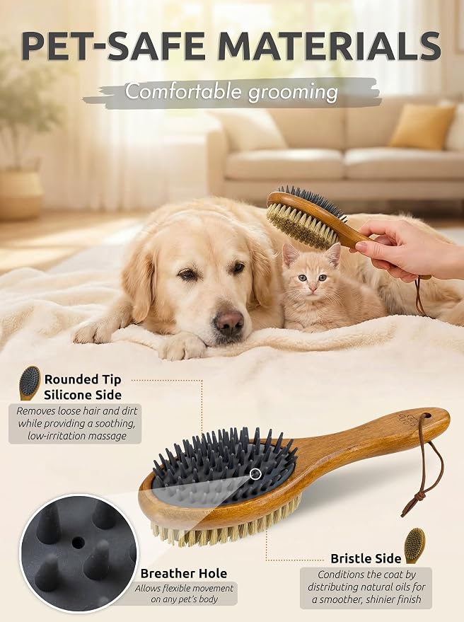 TAKAVU Short Hair Dog & Cat Deshedding Brush, Double-Sided Silicone Bristle | Grooming Brush for Pets, Gentle on Sensitive Skin, Wooden Handle, Reduces Shedding
