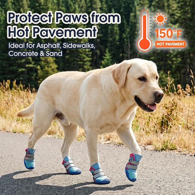 IECOii Dog Shoes for Hot Pavement, Non-Slip Dog Boots for Hiking, Camping | Water Resistant | Anti-Slip Rubber Sole | Secure Stay-On Fit | Reflective & Dual Adjustable |Summer Winter Paw Protector |