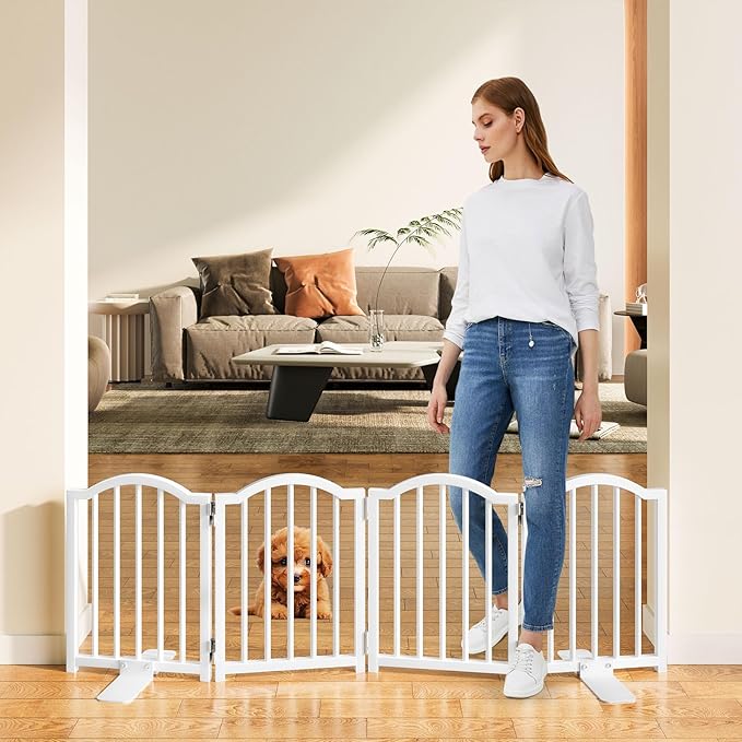 Snughome Short Dog Gate Indoor, 16" High Freestanding Small Dog Door Gates with Support Feet, Expands Up to 48’’ Wide Foldable Pet Gate for Doorway, 4 Panel Folding Pet Door Pet Fence for Puppy, White