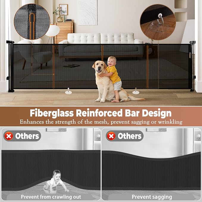 120" Retractable Baby Gate Extra Wide, 41" Tall Retractable Dog Gate for Stairs, Doorways, Decks, Mesh Gate Long Child Gate Pet Gate for Indoor, Outdoor, with Reinforced Mesh Rods, Dual Locks
