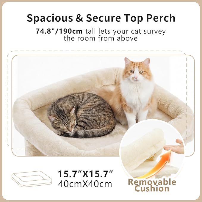 Heybly Cat Tree, 74.8'' Spacious & Tall Cat Tower for Large Cats HCT062MJ-1 | Cat Furniture with Large Top Perch, Solid Base, 2 Cat Condos, Hanging Hammock, Durable Sisal Scratching Posts, Beige