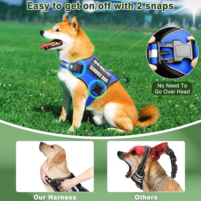 Service Dog Vest Harness and Leash Set+10 Patches,Easy Walk Blue S | No Pull&Adjustable Reflective Dog Harness Small Sized,Dog Leash with 2 Soft Padded Handles,for Training Hiking Walking
