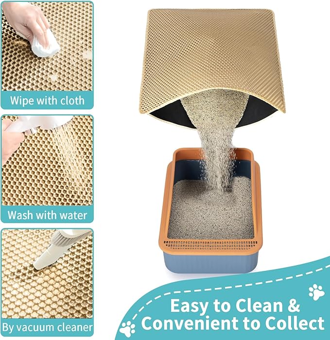 XXL Cat Litter Mat Litter Trapping Mat, 47x36in Litter Box Mats Extra Large | 2-Layer Honeycomb Litter Rug with 1.2cm Sifting Holes to Less Mess, Waterproof, Keeps Floor Clean.Mengbu(Khaki:47"x36")