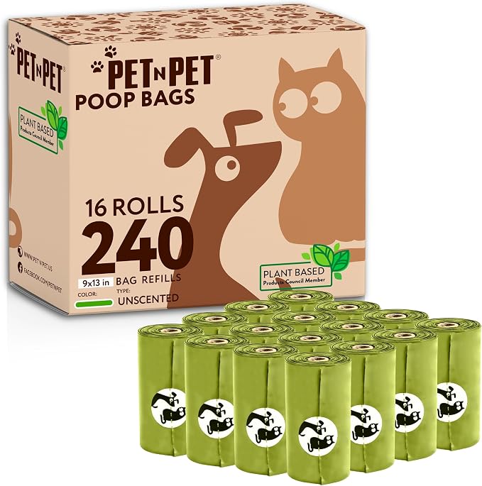 Pet N Pet Poop Bags For Dogs, 240 Counts Plant Based Dog Poop Bags Rolls, Thick Doggie Poo Bag, 100% Leak-proof, Easy to Use Pet Waste Bag