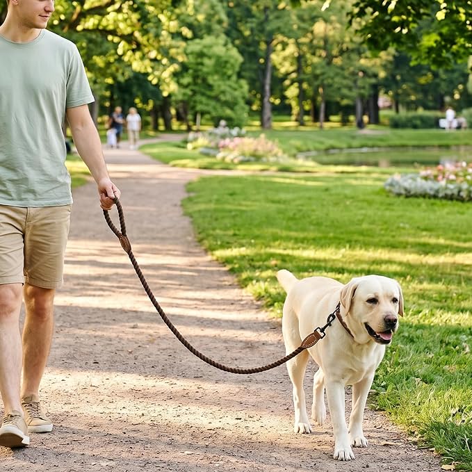 Mile High Life Dog Leash Braided Cotton Rope with Leather-Reinforced Ends | Rust-proof 360° swivel clasp, Heavy-duty for medium/large dogs. Great for weddings, daily walks (6 FT, 1/2", Dark Brown)