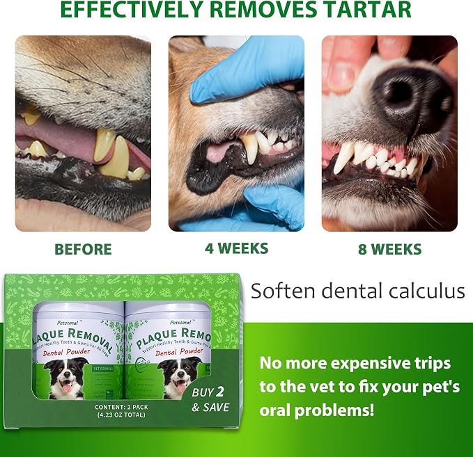 Petstoral 2-Pack Natural Dog Dental Powder for Plaque Removal | Helps Reduce Plaque, Supports Healthy Teeth & Gums, Freshens Breath, Daily Dental Care for All Dogs