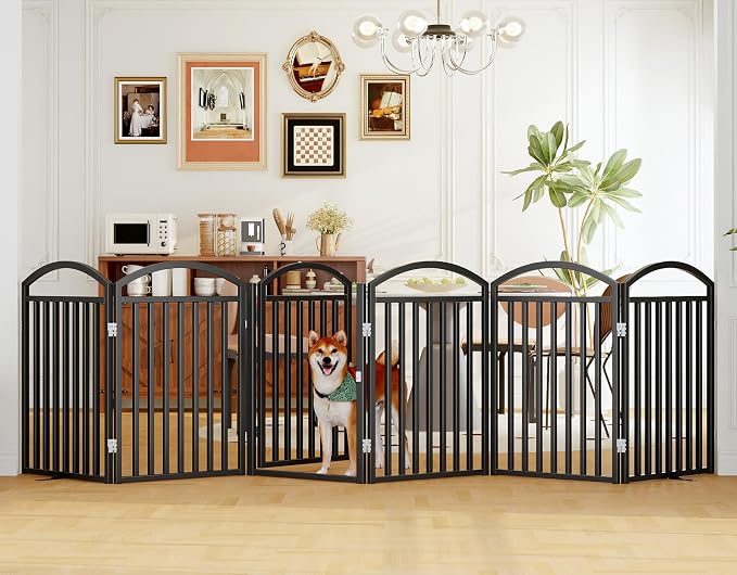 Foldable Pet Fence 144" Wide, 32" Tall,No-Assembly Dog Gate with Door,Black | 6 Panels Metal Folding Freestanding Dog Gate Walk Through,Extra Accordion Puppy Folding Playpen for Doorways, Stairs,House