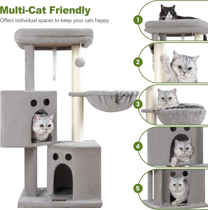 Small Cat Tree Tower for Indoor Cats, 40 in Medium Cat Bed Scratching Posts | Multi Level Compact Kitty Kitten Houses Climbing Trees Stands with 2 Condos Sisal Post Perch Platform Hammock Plush Toy Balls