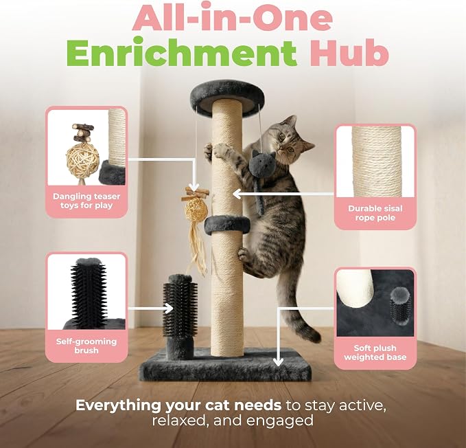 Best Pet Supplies Catify Cat Scratching Post - Gray H: 25" | 11" x 11" x 25", Interactive Cat Pole, Built-In Toys, Durable Sisal, Furniture Protector, For Indoor Kittens and Cats