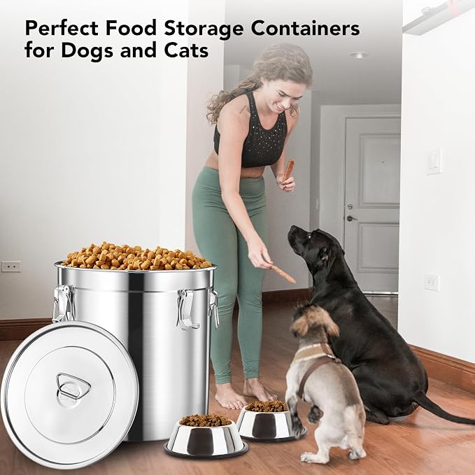 Newget 38lb Airtight Stainless Steel Dog Food Storage Container with Scoop | Large Metal Pet Food Containers Set with Sealed Lid, Metal Lock for Easy Open and Close, Keeps Fresh for Cat / Dog Food