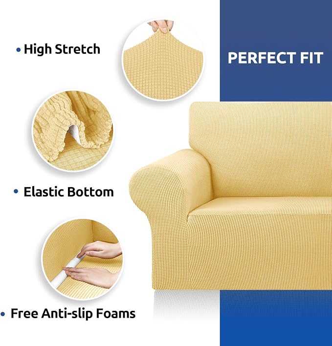 Stretch Couch Covers for Sofa, 3 Cushion Couch Slipcover,Champagne | 1-Piece Washable Sofa Cover Pet Friendly(78"-94") Furniture Protector Soft Jacquard, Elastic Bottom for Dogs & Kids