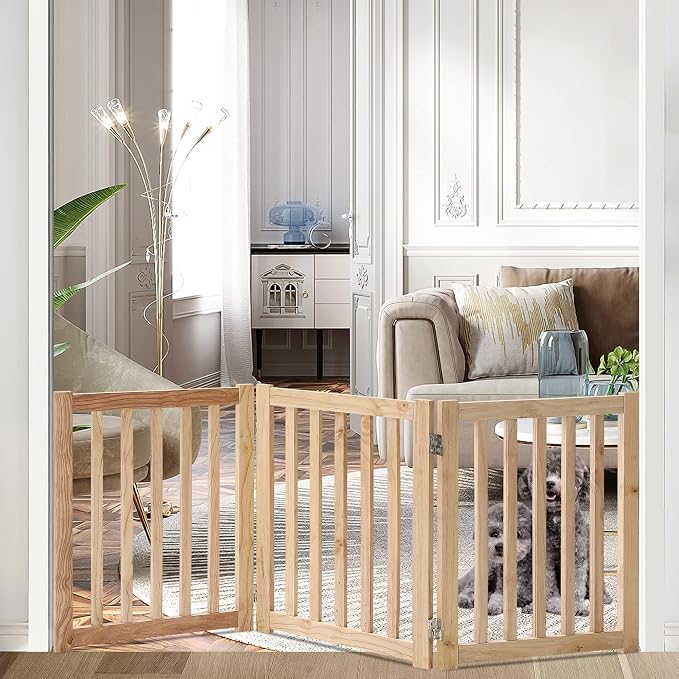 LZRS Wooden Free Standing Dog Gate 60" W x 24" H, Foldable Solid Hardwood Pet Safety Fence for House Doorways, Stairs, Hallways, Step-Over Pet Barrier, No Drill Easy Setup, Natural