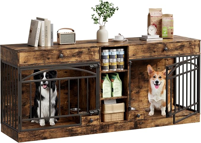 GarveeHome Dog Crate Furniture for 2 Dogs, Dog Kennel Indoor with Storage and Feeding Bowls, Double Dog Crate TV Stand for Small Medium Dogs, Brown