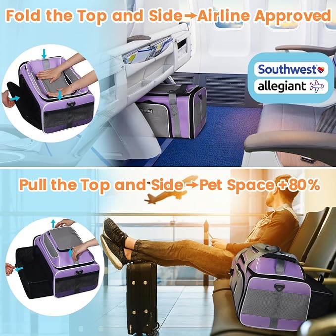 Petskd Top and Side Expandable Pet Carrier Airline Approved, Purple | 19"L x 13"W x 9"H, for Southwest Allegiant Airlines, Lockable Safety Zippers and Anti-Scratch Mesh, Pets Under 12 lbs